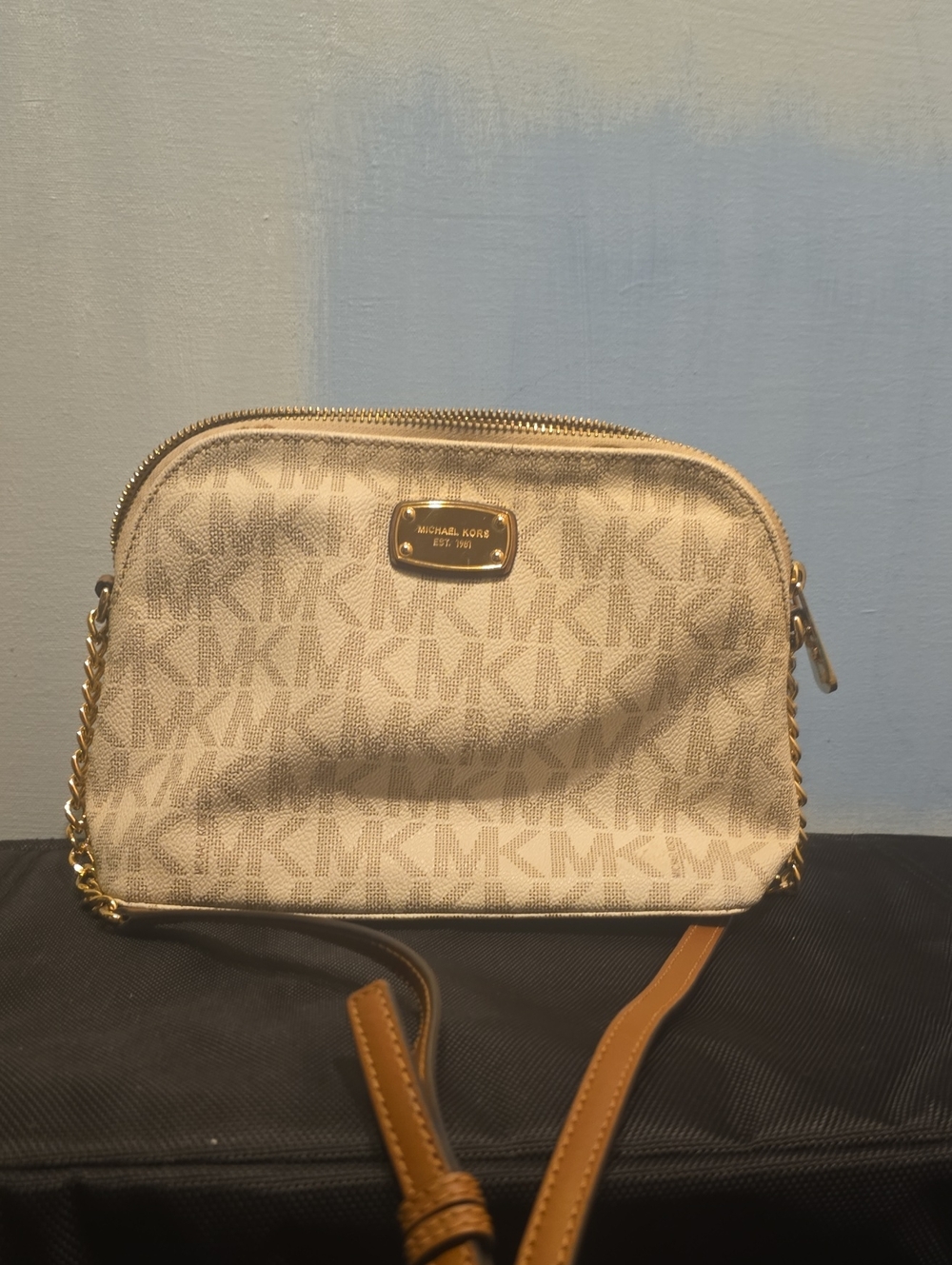 Michael Kors Cream Monogram Crossbody with Gold Accents